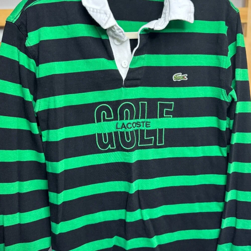 Lacoste Relaxed Fit Striped Rugby Shirt – Black & Green “GOLF” Logo XS 34